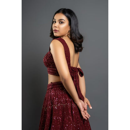 Shahmeen Husain Maroon Chikankari Lehenga (Set of 3)