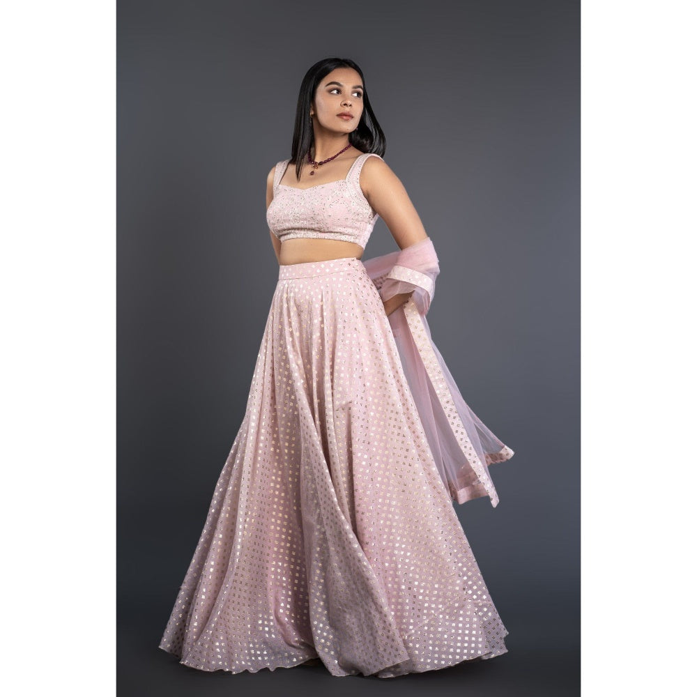 Shahmeen Husain Powder Pink Foil Printed Lehenga (Set of 3)