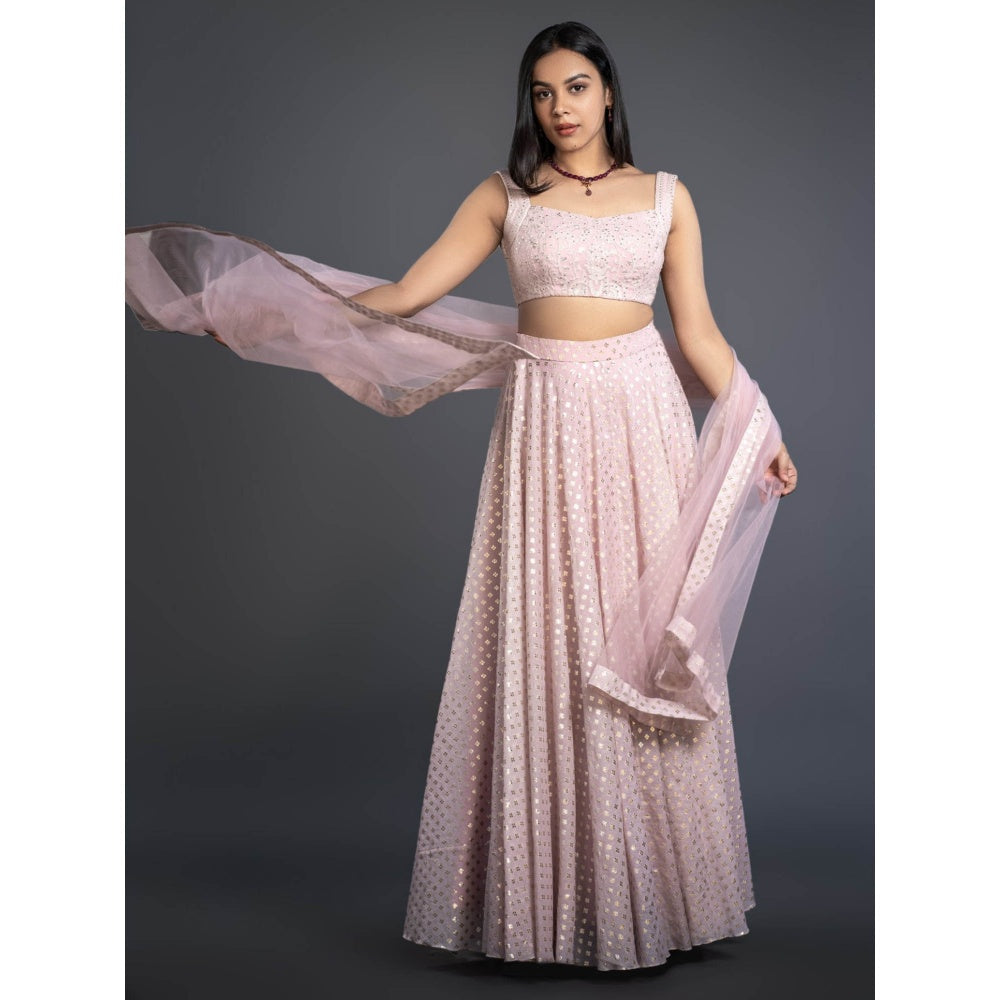 Shahmeen Husain Powder Pink Foil Printed Lehenga (Set of 3)