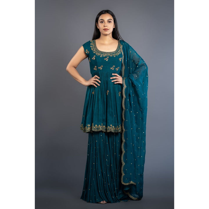 Shahmeen Husain Teal Embroidered Sharara (Set of 3)