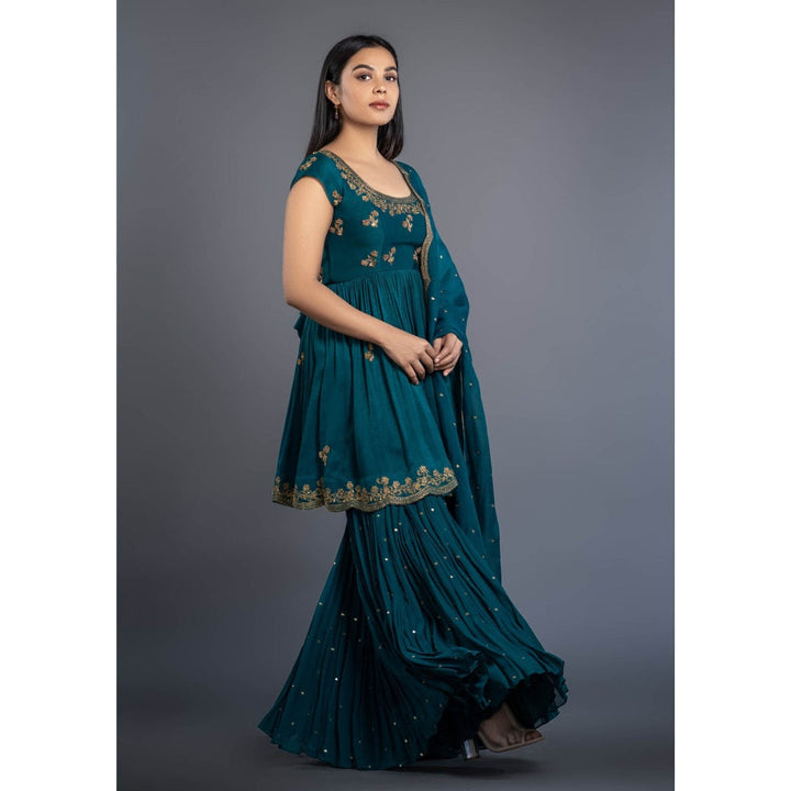 Shahmeen Husain Teal Embroidered Sharara (Set of 3)