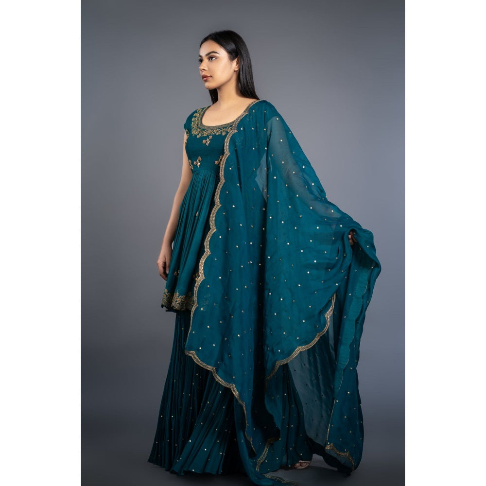 Shahmeen Husain Teal Embroidered Sharara (Set of 3)