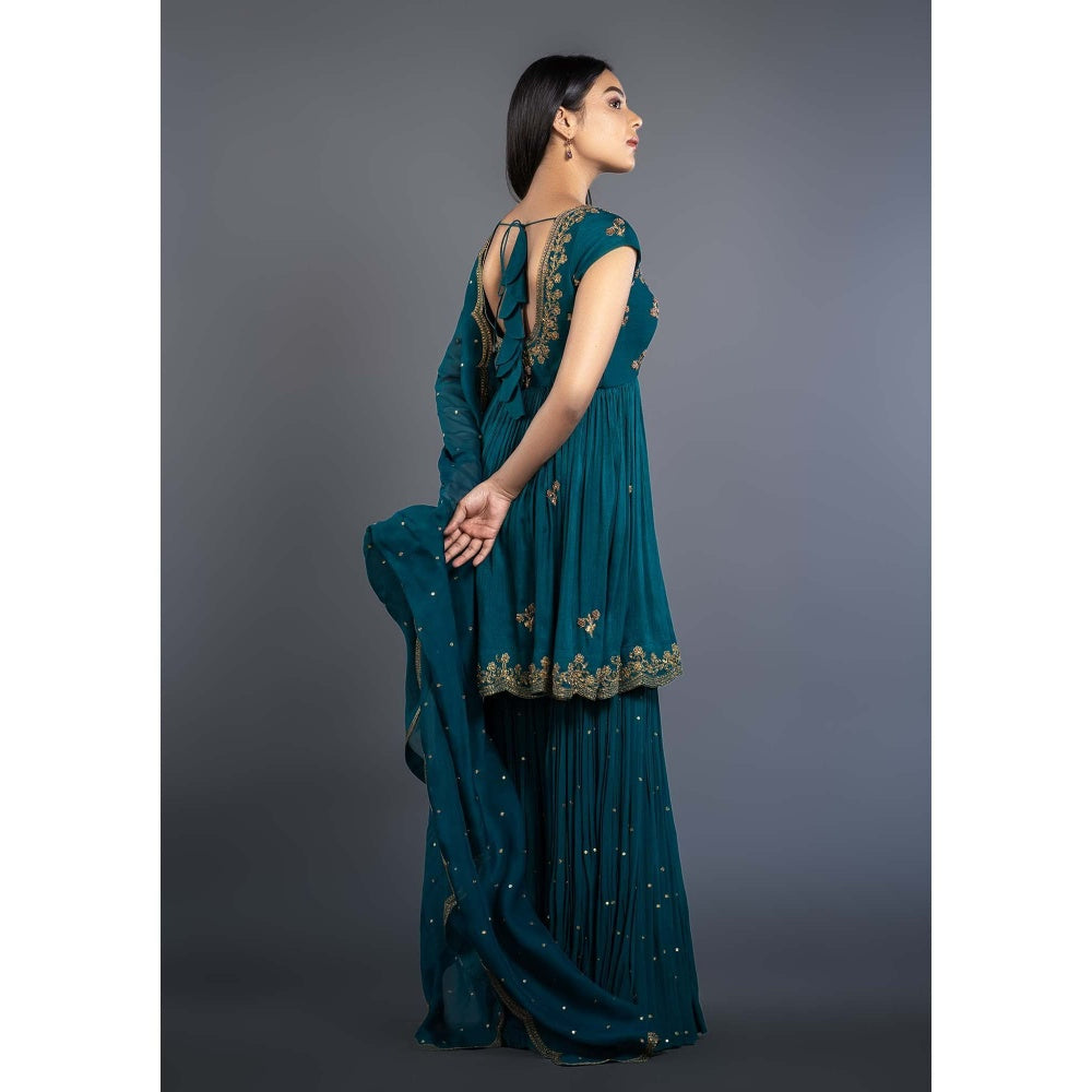 Shahmeen Husain Teal Embroidered Sharara (Set of 3)