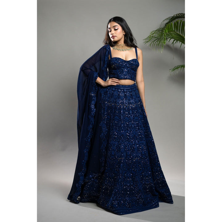 Shahmeen Husain Royal Blue Chikankari Lehenga Blouse with Dupatta (Set of 3)