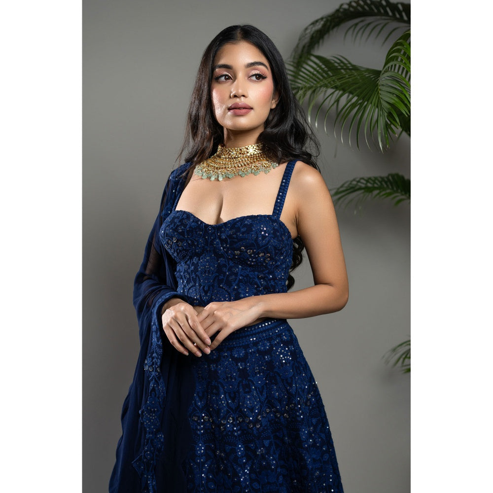 Shahmeen Husain Royal Blue Chikankari Lehenga Blouse with Dupatta (Set of 3)