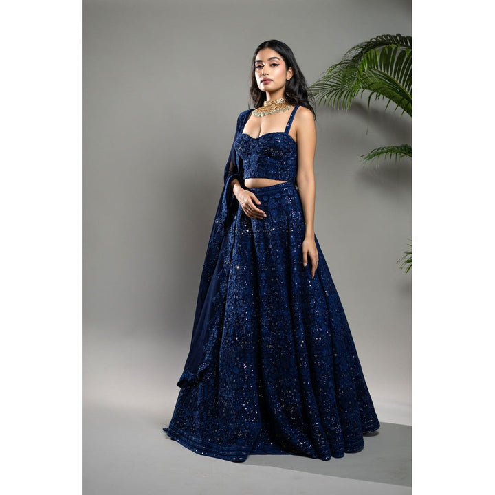 Shahmeen Husain Royal Blue Chikankari Lehenga Blouse with Dupatta (Set of 3)