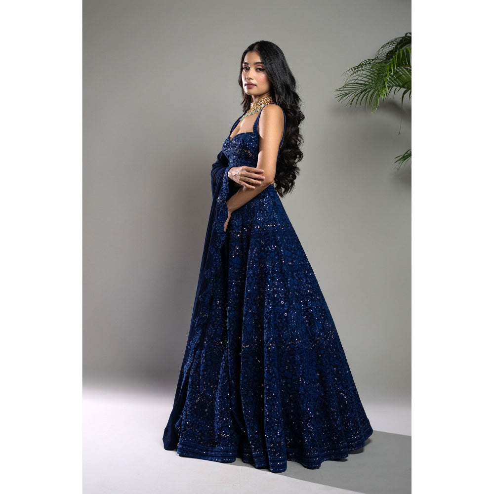 Shahmeen Husain Royal Blue Chikankari Lehenga Blouse with Dupatta (Set of 3)