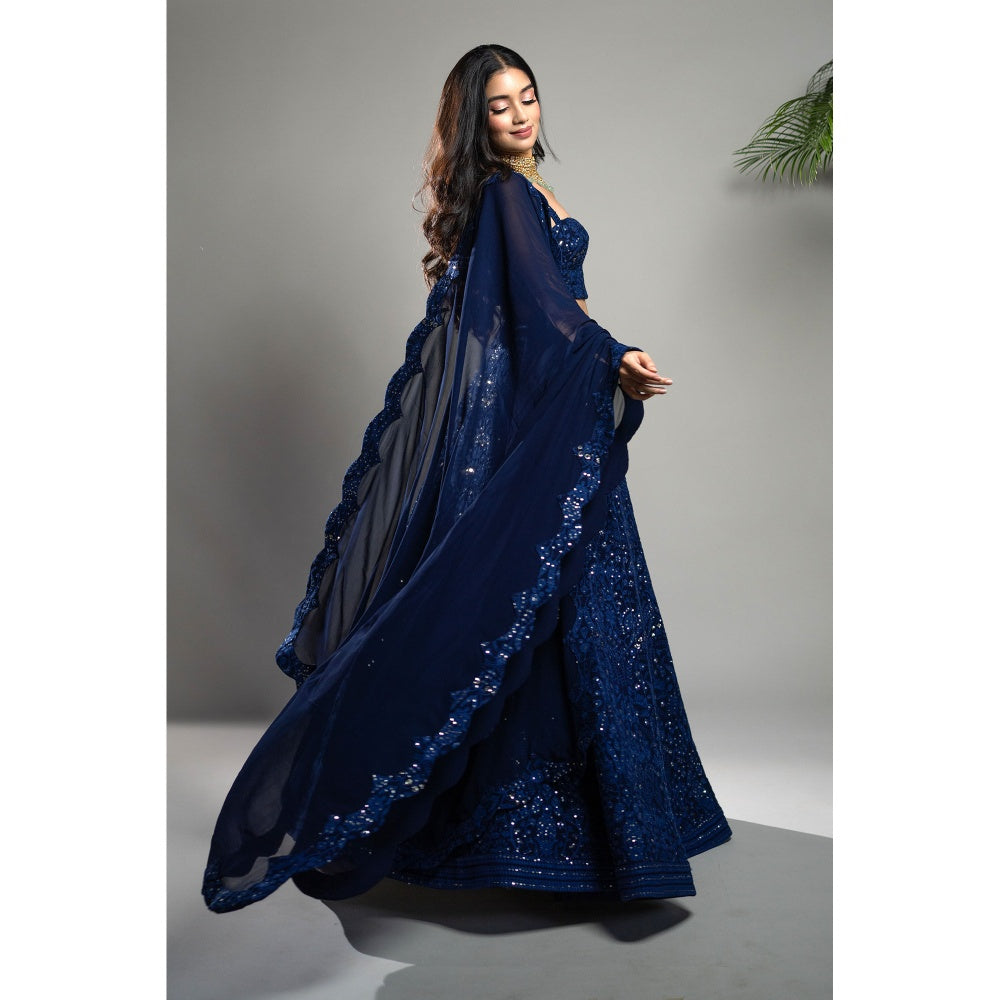 Shahmeen Husain Royal Blue Chikankari Lehenga Blouse with Dupatta (Set of 3)