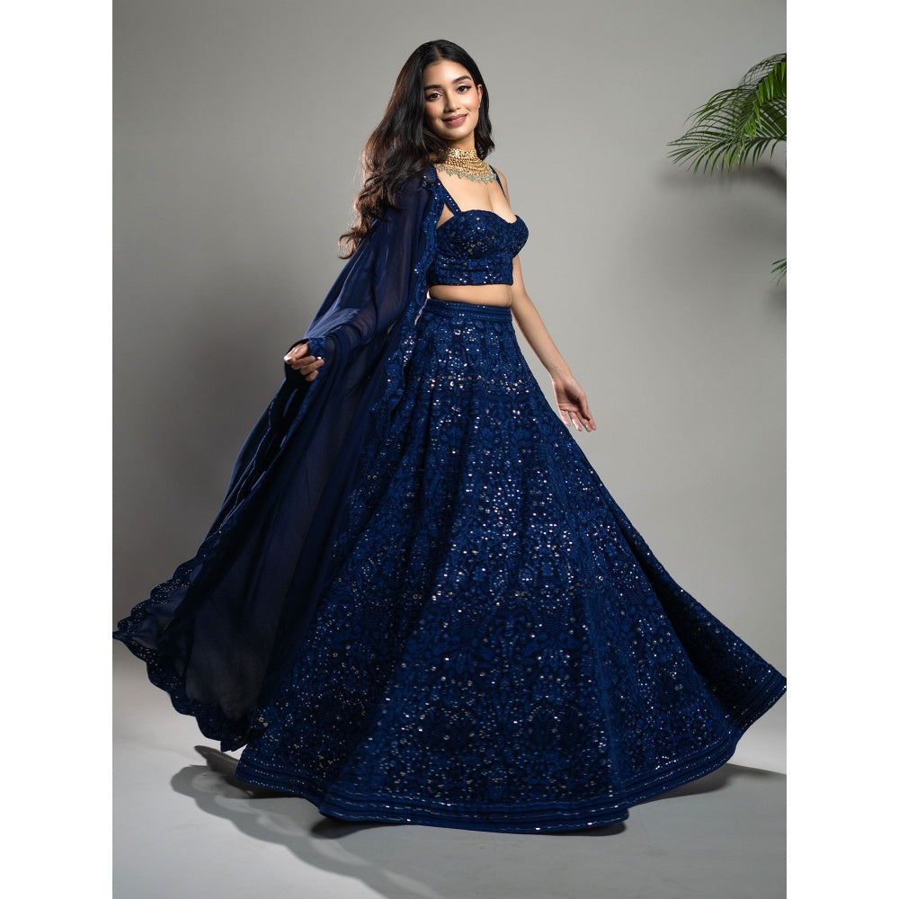 Shahmeen Husain Royal Blue Chikankari Lehenga Blouse with Dupatta (Set of 3)