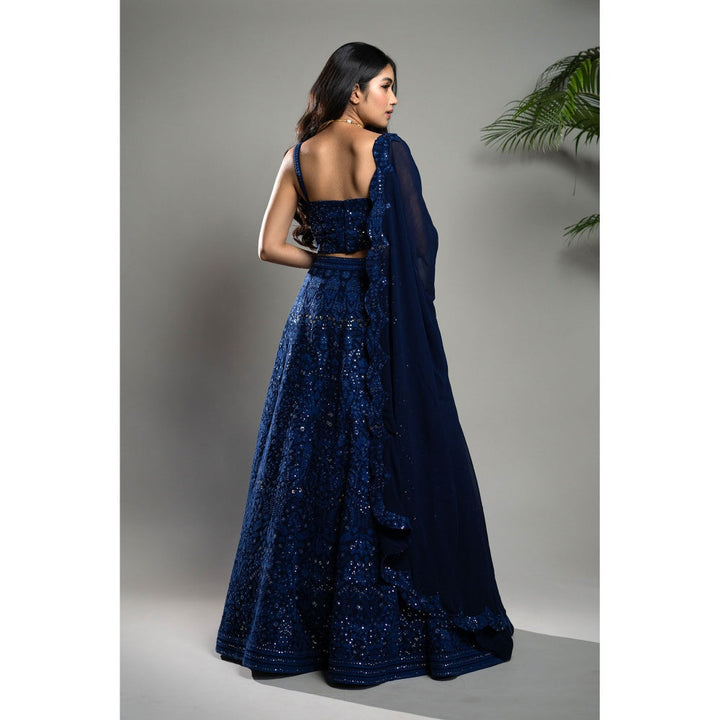 Shahmeen Husain Royal Blue Chikankari Lehenga Blouse with Dupatta (Set of 3)