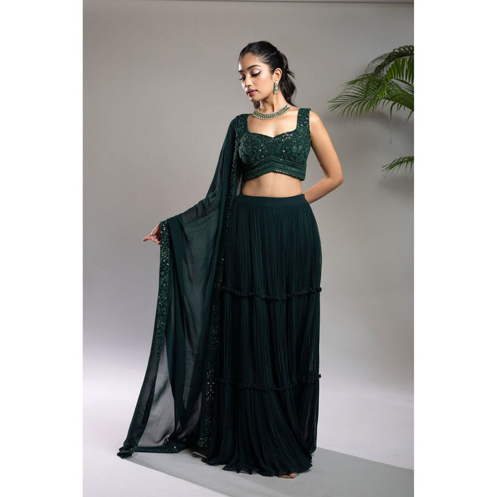 Shahmeen Husain Bottle Green Pleated Lehenga Blouse & Dupatta (Set of 3)