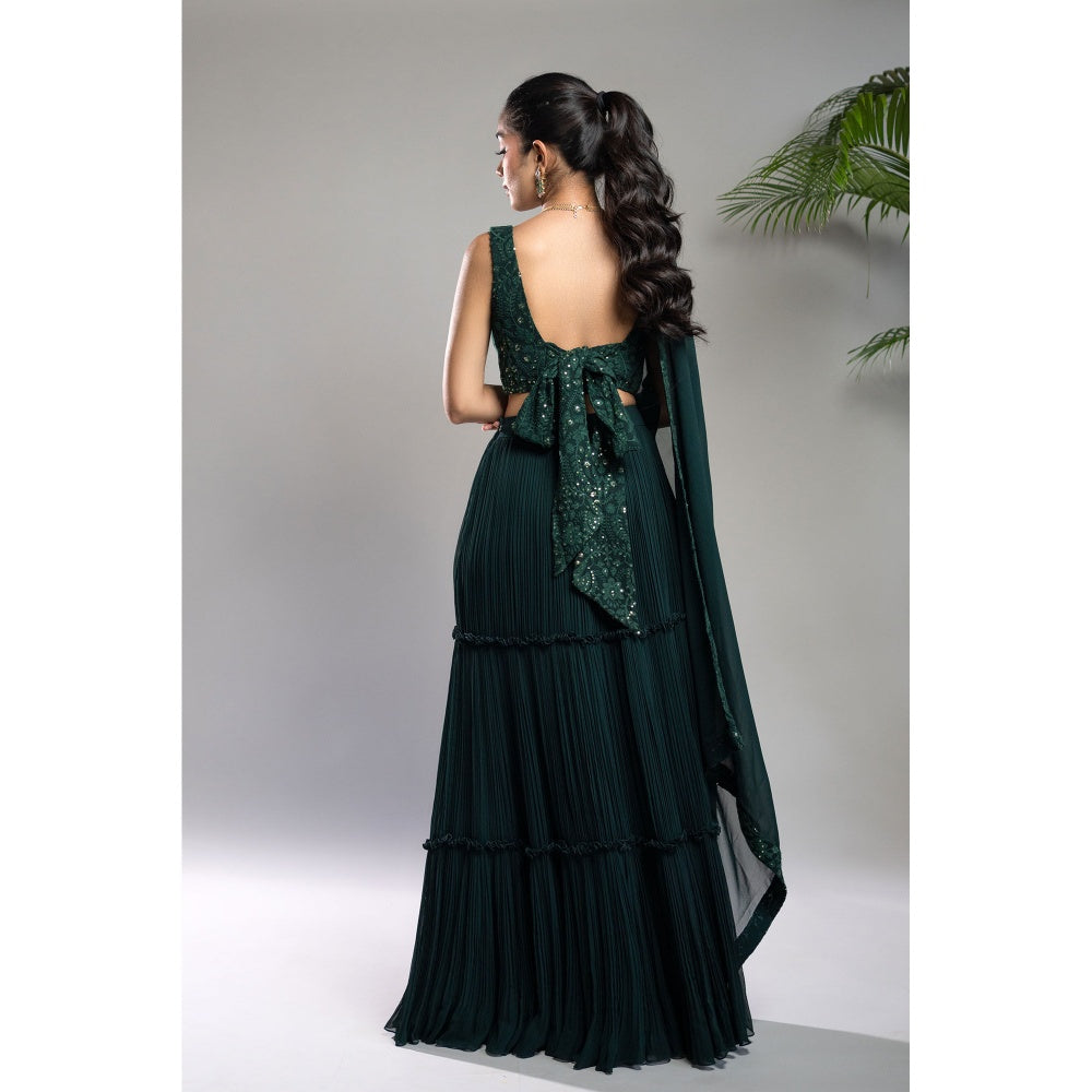 Shahmeen Husain Bottle Green Pleated Lehenga Blouse & Dupatta (Set of 3)