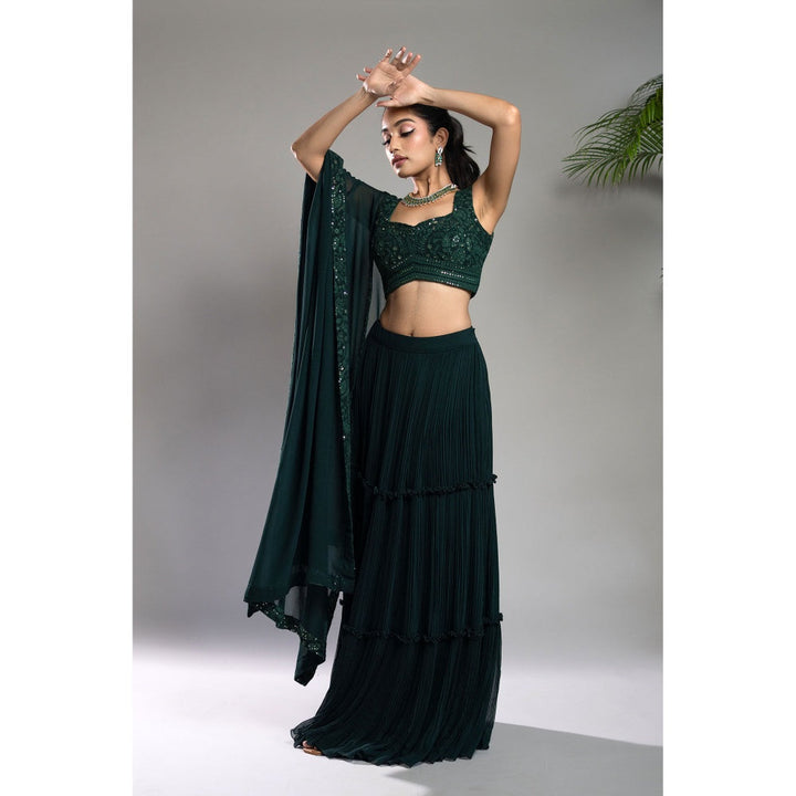 Shahmeen Husain Bottle Green Pleated Lehenga Blouse & Dupatta (Set of 3)