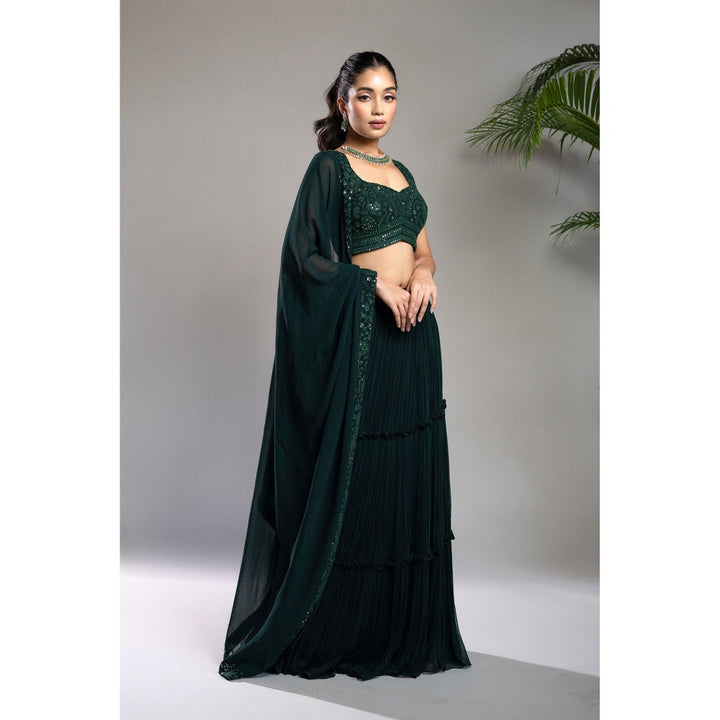 Shahmeen Husain Bottle Green Pleated Lehenga Blouse & Dupatta (Set of 3)