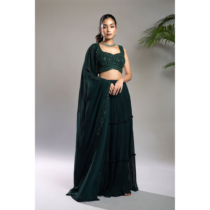 Shahmeen Husain Bottle Green Pleated Lehenga Blouse & Dupatta (Set of 3)