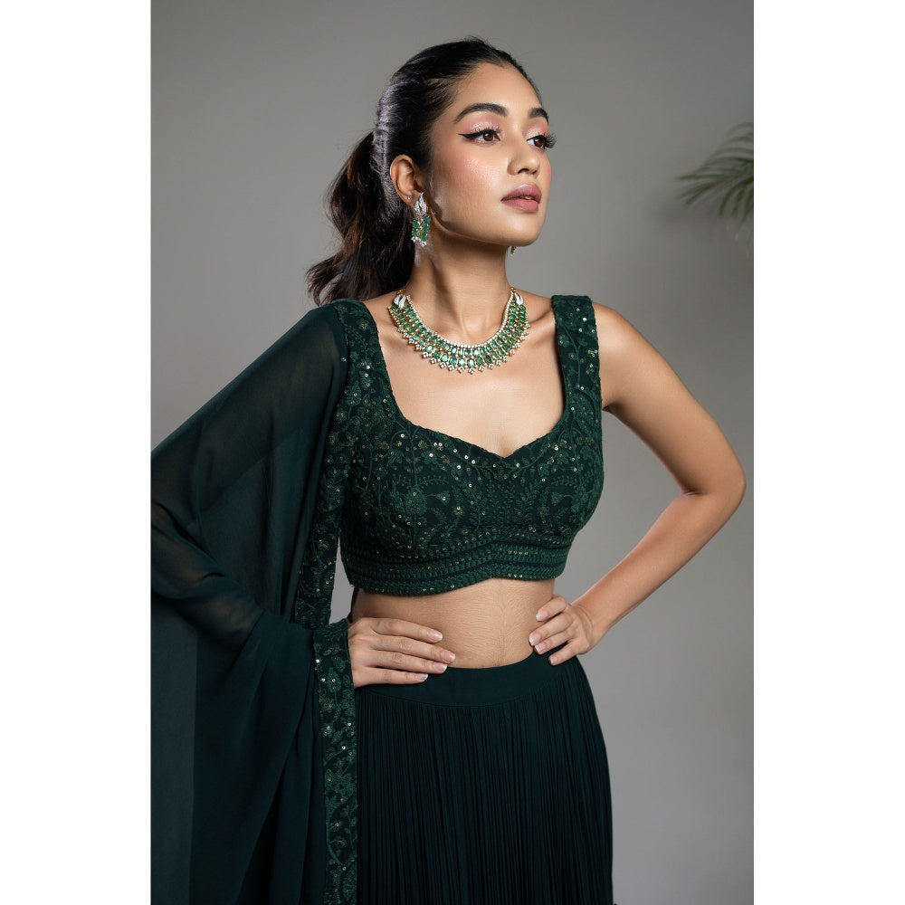 Shahmeen Husain Bottle Green Pleated Lehenga Blouse & Dupatta (Set of 3)