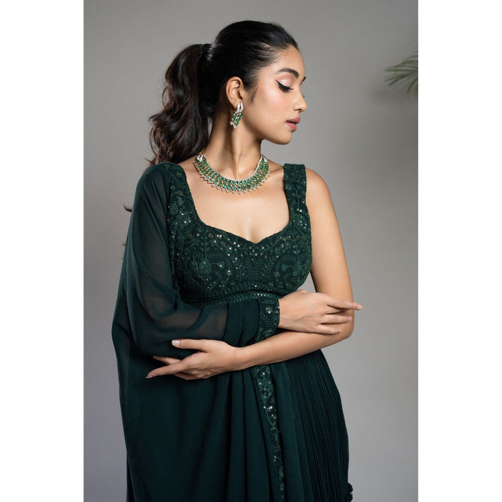 Shahmeen Husain Bottle Green Pleated Lehenga Blouse & Dupatta (Set of 3)