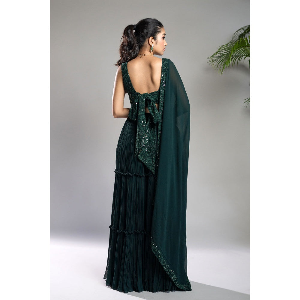 Shahmeen Husain Bottle Green Pleated Lehenga Blouse & Dupatta (Set of 3)