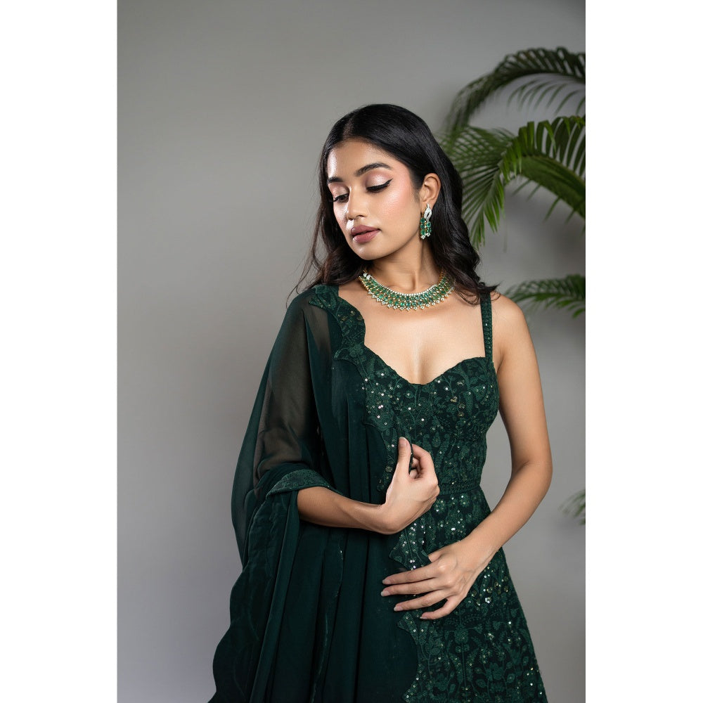 Shahmeen Husain Bottle Green Chikankari Anarkali Dress with Dupatta (Set of 2)