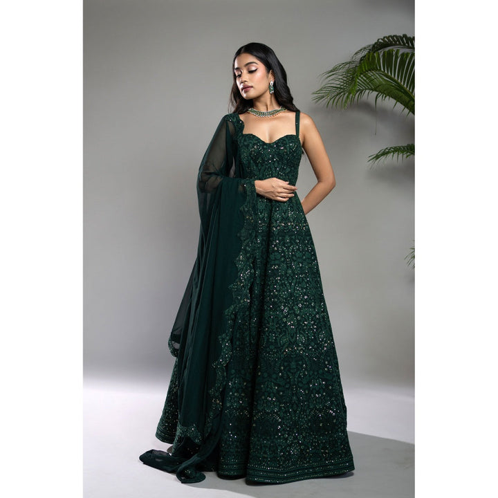 Shahmeen Husain Bottle Green Chikankari Anarkali Dress with Dupatta (Set of 2)