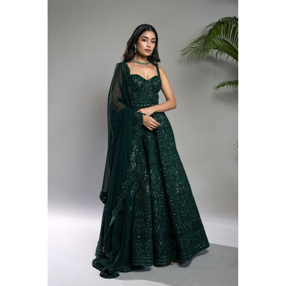 Shahmeen Husain Bottle Green Chikankari Anarkali Dress with Dupatta (Set of 2)