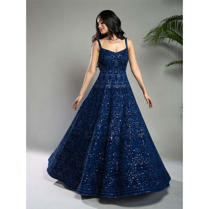 Shahmeen Husain Royal Blue Chikankari Maxi Dress with Dupatta