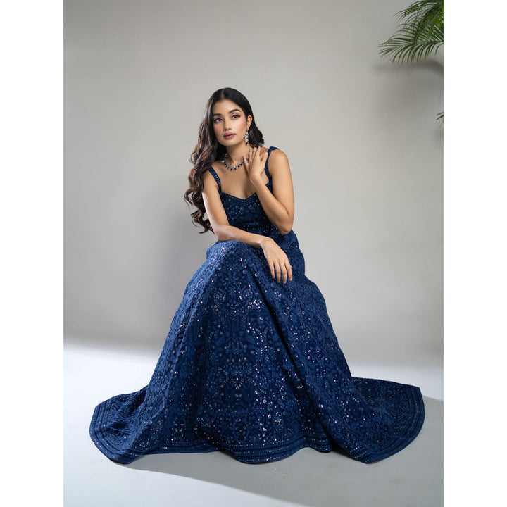 Shahmeen Husain Royal Blue Chikankari Maxi Dress with Dupatta