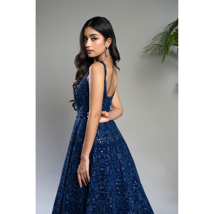 Shahmeen Husain Royal Blue Chikankari Maxi Dress with Dupatta