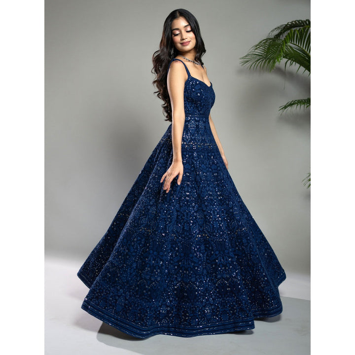 Shahmeen Husain Royal Blue Chikankari Maxi Dress with Dupatta