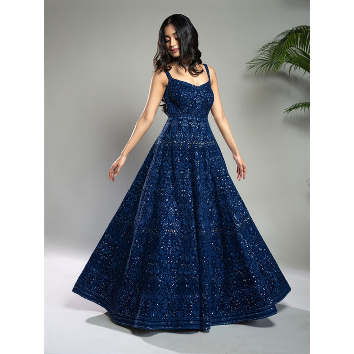 Shahmeen Husain Royal Blue Chikankari Maxi Dress with Dupatta