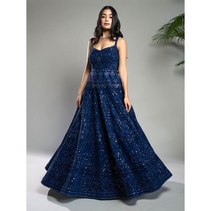 Shahmeen Husain Royal Blue Chikankari Maxi Dress with Dupatta