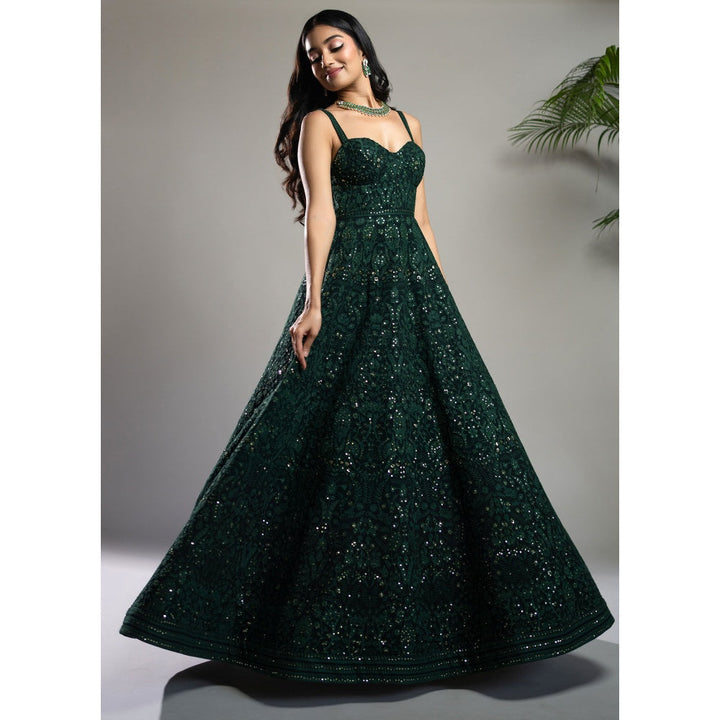 Shahmeen Husain Bottle Green Chikankari Maxi Dress