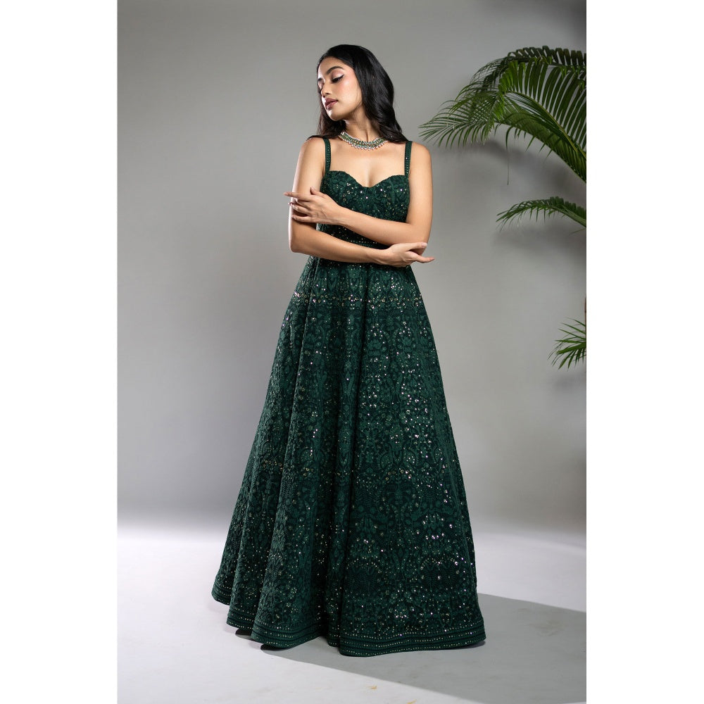 Shahmeen Husain Bottle Green Chikankari Maxi Dress