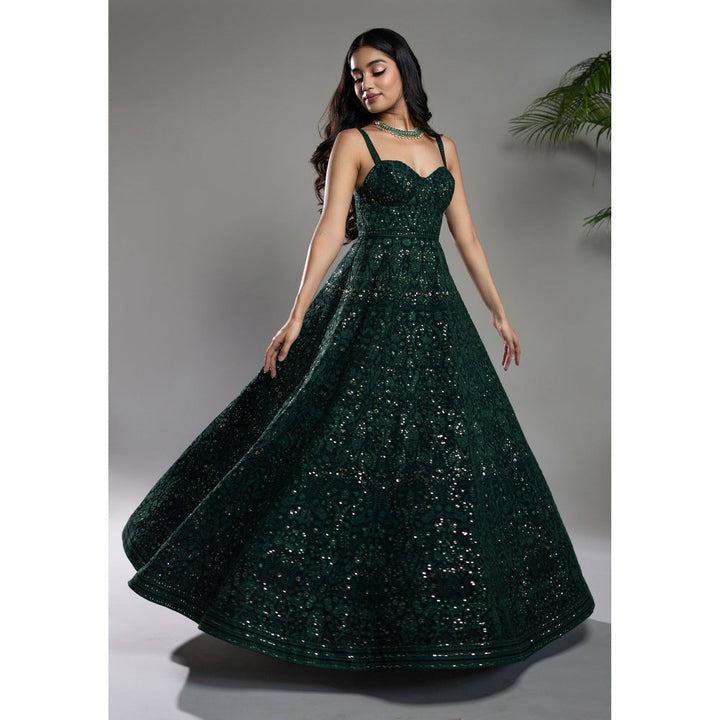 Shahmeen Husain Bottle Green Chikankari Maxi Dress