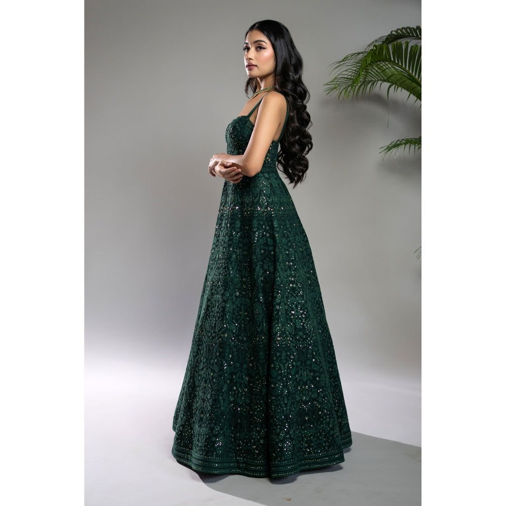 Shahmeen Husain Bottle Green Chikankari Maxi Dress