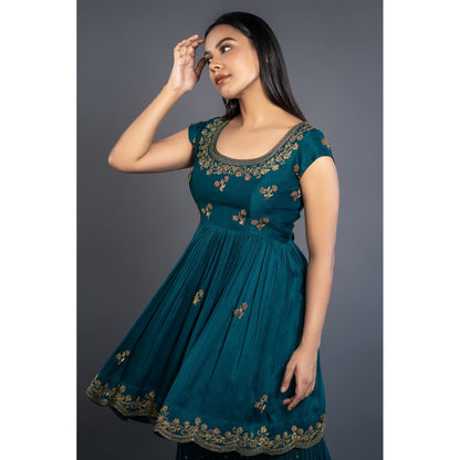 Shahmeen Husain Bottle Green Embroidered Sharara Kurti with Dupatta (Set of 3)