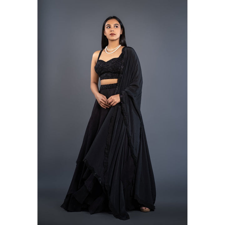 Shahmeen Husain Black Embellished Lehenga Blouse with Dupatta (Set of 3)