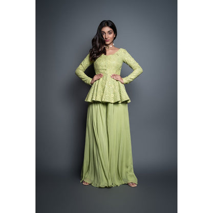 Shahmeen Husain Lemon Green Palazzo with Peplum Top (Set of 2)