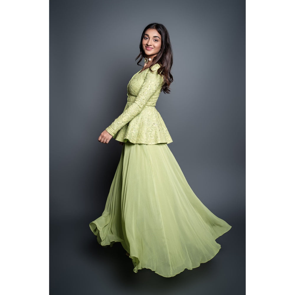 Shahmeen Husain Lemon Green Palazzo with Peplum Top (Set of 2)