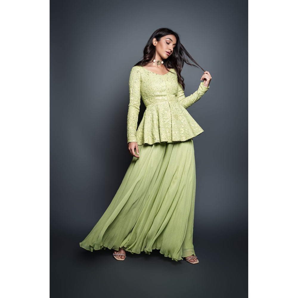 Shahmeen Husain Lemon Green Palazzo with Peplum Top (Set of 2)