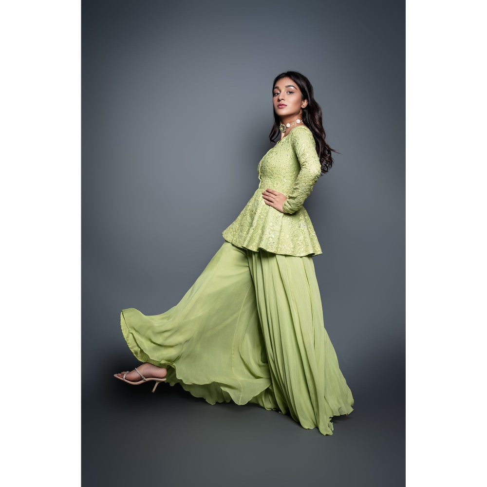 Shahmeen Husain Lemon Green Palazzo with Peplum Top (Set of 2)