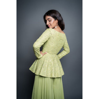 Shahmeen Husain Lemon Green Palazzo with Peplum Top (Set of 2)
