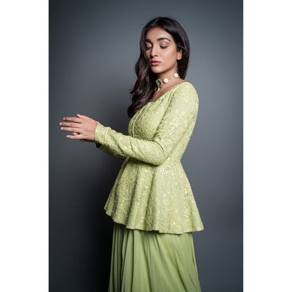 Shahmeen Husain Lemon Green Palazzo with Peplum Top (Set of 2)
