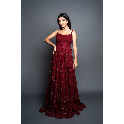 Shahmeen Husain Maroon Chikankari Maxi Dress