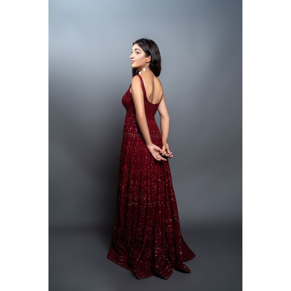 Shahmeen Husain Maroon Chikankari Maxi Dress