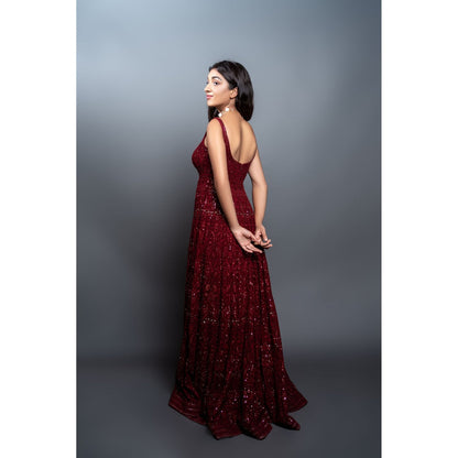Shahmeen Husain Maroon Chikankari Maxi Dress