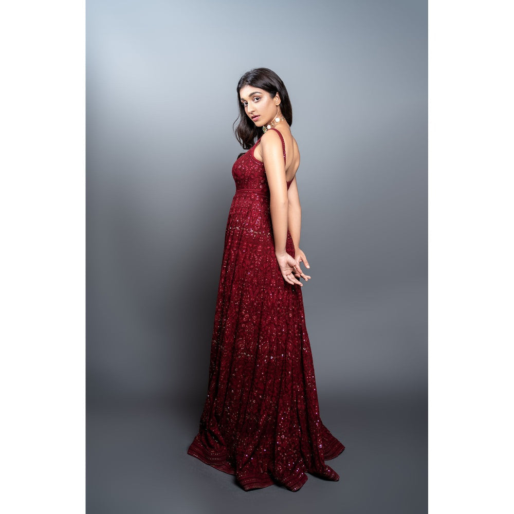Shahmeen Husain Maroon Chikankari Maxi Dress