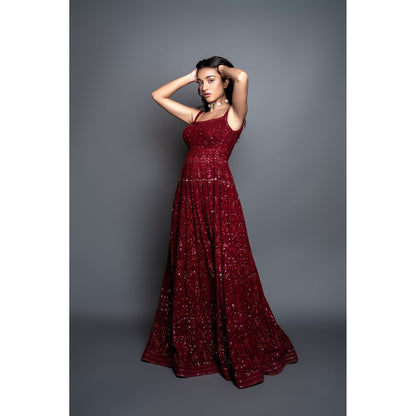 Shahmeen Husain Maroon Chikankari Maxi Dress