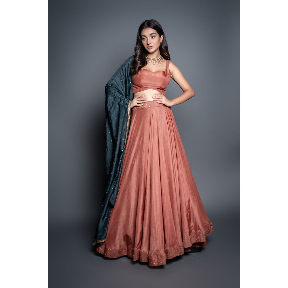 Shahmeen Husain Bronze & Bottle Green Zari Lehenga Blouse& Dupatta (Set of 3)