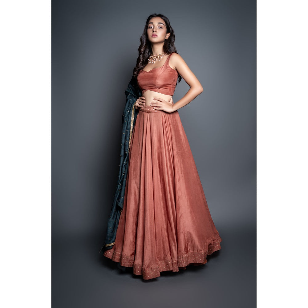Shahmeen Husain Bronze & Bottle Green Zari Lehenga Blouse& Dupatta (Set of 3)